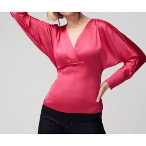 White House Black Market Long Sleeve‎ V-Neck Empire Waist Blouse Hot Pink 2p